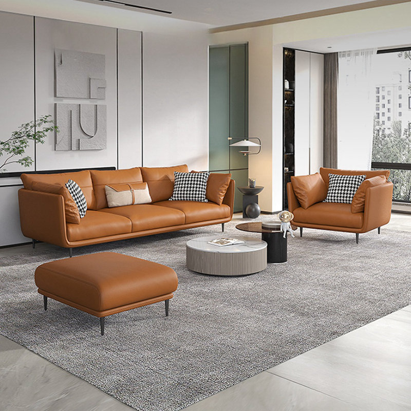 Ensemble de salon en cuir véritable orange 3 pièces