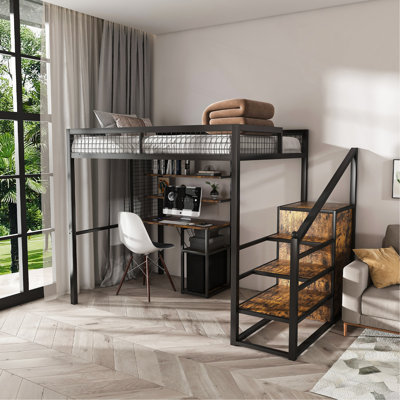 Full-Size Loft Bed W/Desk & Wardrobe - , Built-In Staircase, Storage Rack & Shelves - Gaming Bed For Adults/Teens (Black) - Computer Desk W/USB & Outl by 17 Stories