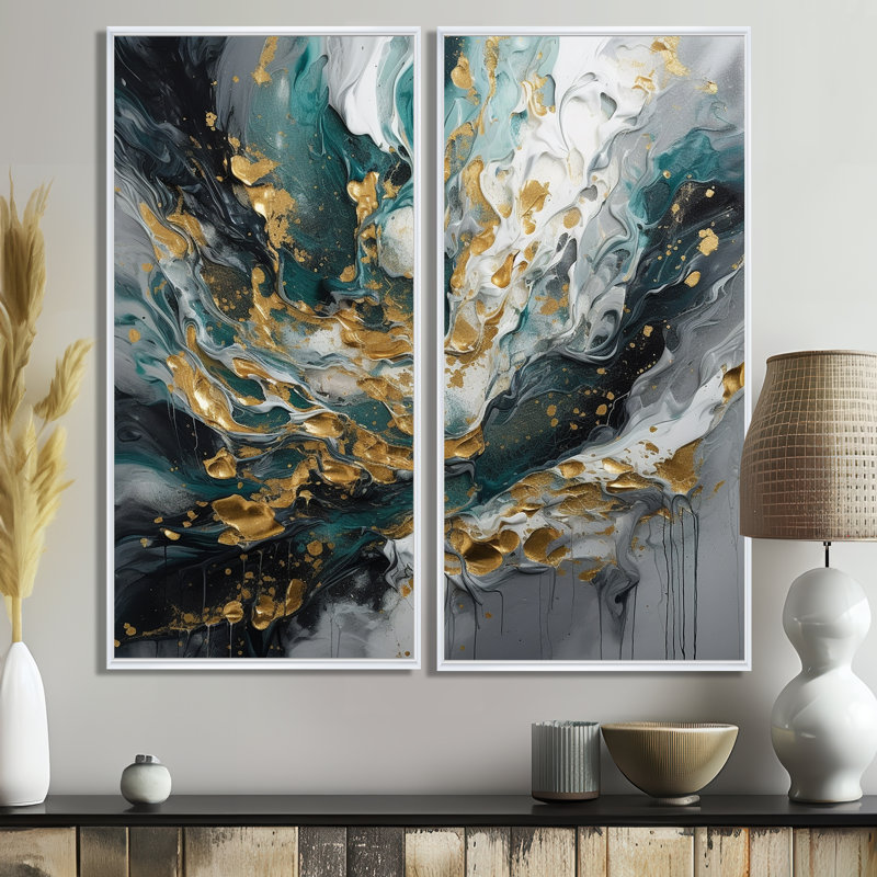Encre dorée sarcelle sur pierre - reproductions d'art abstrait sur toile, 20" H x 24" W, Impression encadrée flottante, White