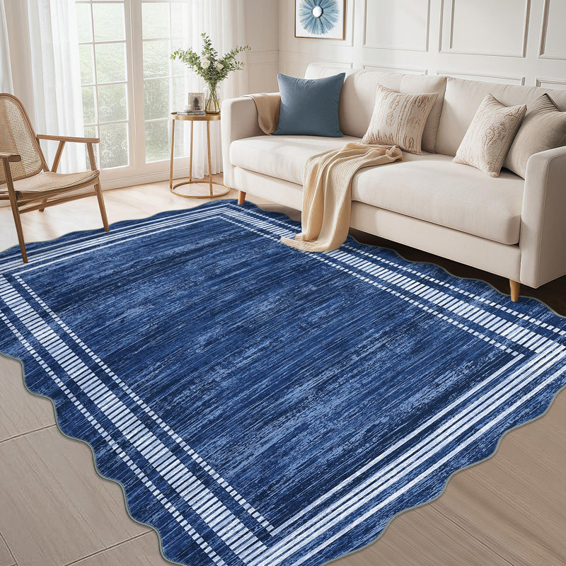 Striped Machine Printed Area Rug, Navy, Rectangle 200 x 290 cm