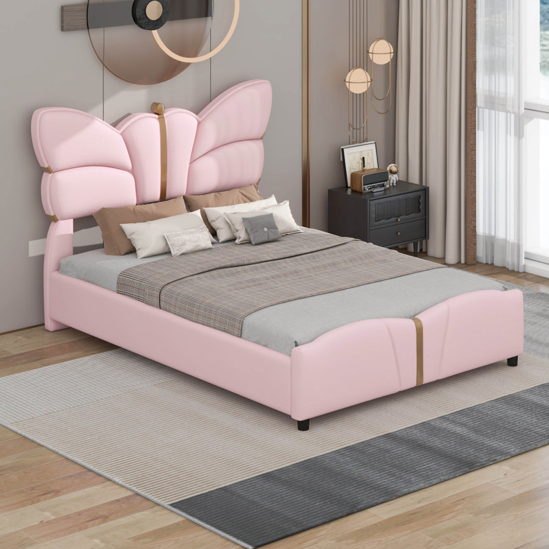Lit plateforme tapissier avec tête et pied de lit en forme de papillon, Rose clair, Grand