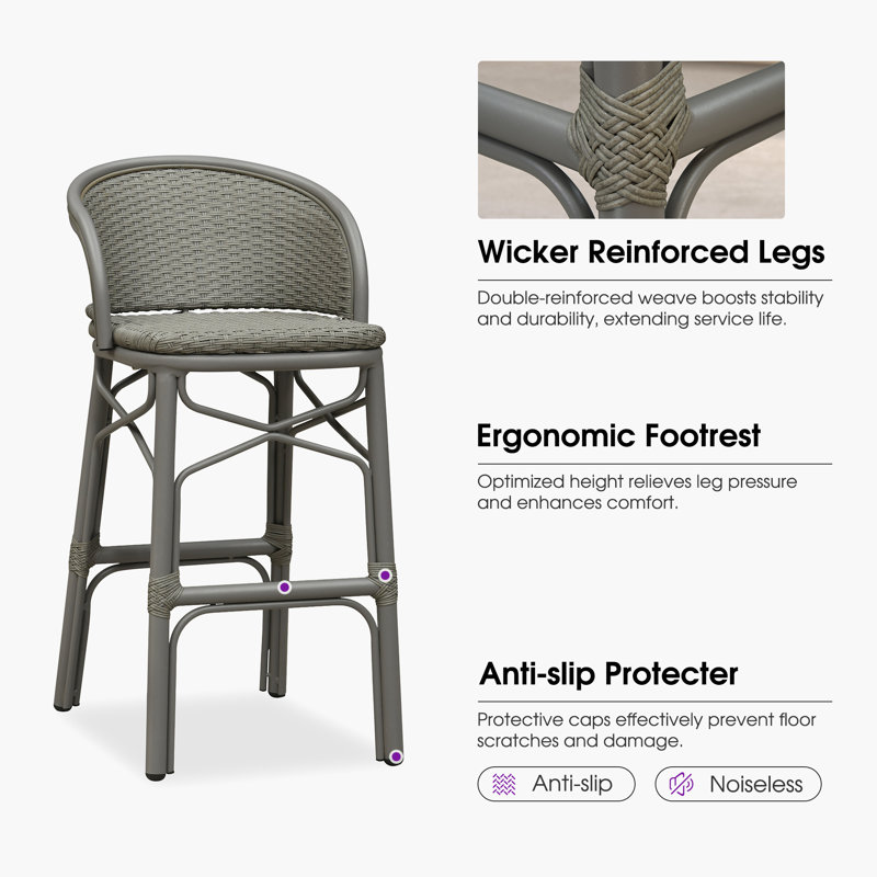 Tabouret de bar en PE en rotin avec accoudoirs ergonomiques PURPLE LEAF, Grey