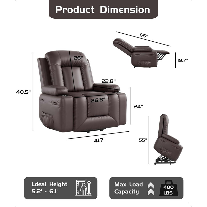 Oversized Wide Power Lift Recliner Chair - Heat and Massage, Coffee