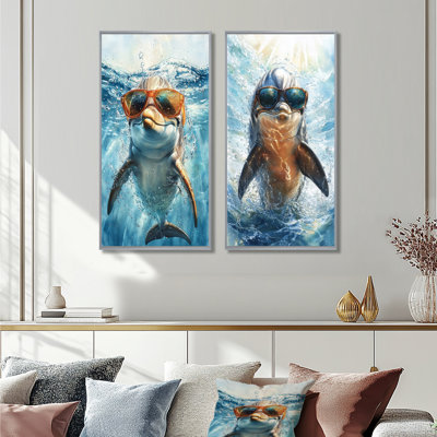 Orange Dolphin With Glasses In The Ocean I - Animals Dolphin Wall Art 2 Pieces Set