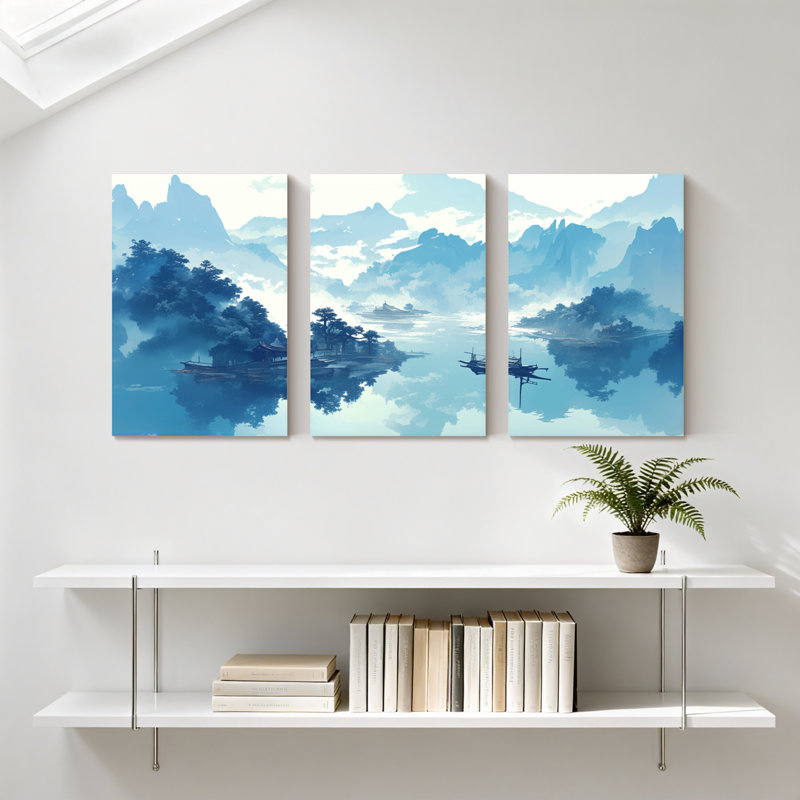 Paysage et nature montagne lac brume bateau reflet ciel nuages arbres ensemble de 3 impressions sur toile, H 18 po x l 36 po