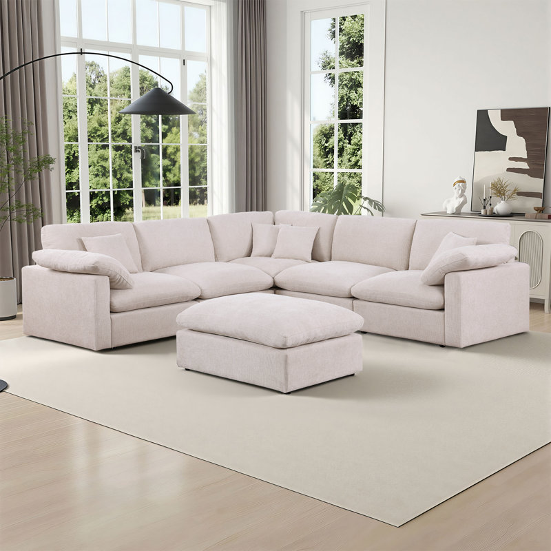Aldora U Shape 6 Piece Upholstered Sectional Sofa Cloud Couch With Removable Ottoman  Living Room Sets, Beige