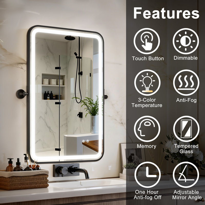 35" x 23" LED Dimmable Anti-Fog  3-Color Temperature Lighted Rectangle Tiltable Metal Black Frame Tempered Glass Modern Vanity Wall Mount Mirror For Bathroom&Bedroom