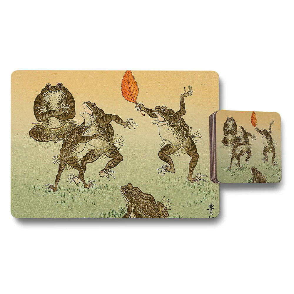 Frog Themed Placemat And Coaster Set With Vintage Illustration