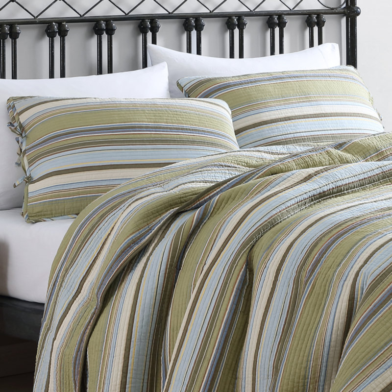 Green Striped Cotton Twin Reversible Quilt Set
