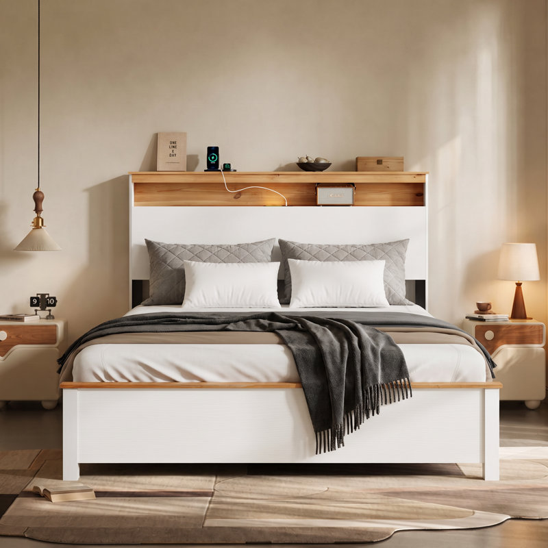 Cadre de lit grand format rétro avec tête de lit, DEL tactile et ports USB, Très grand lit