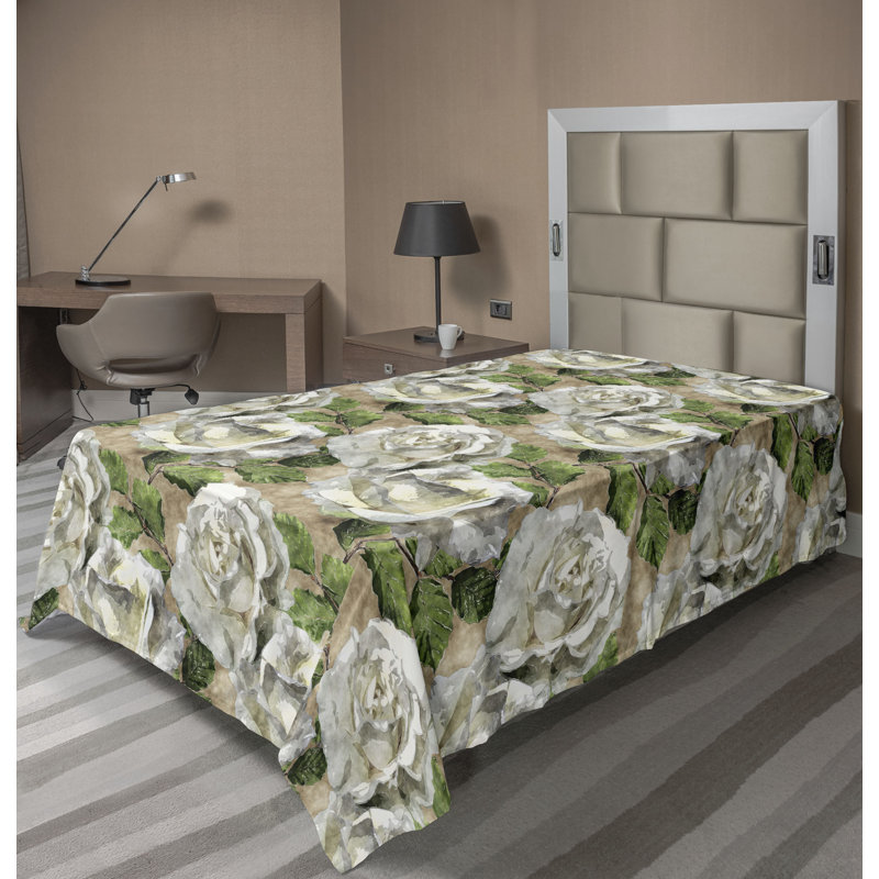 Drap plat Ambesonne Roses Fleurs romantiques et feuilles brun clair vert olive et gris, Twin Flat Sheet