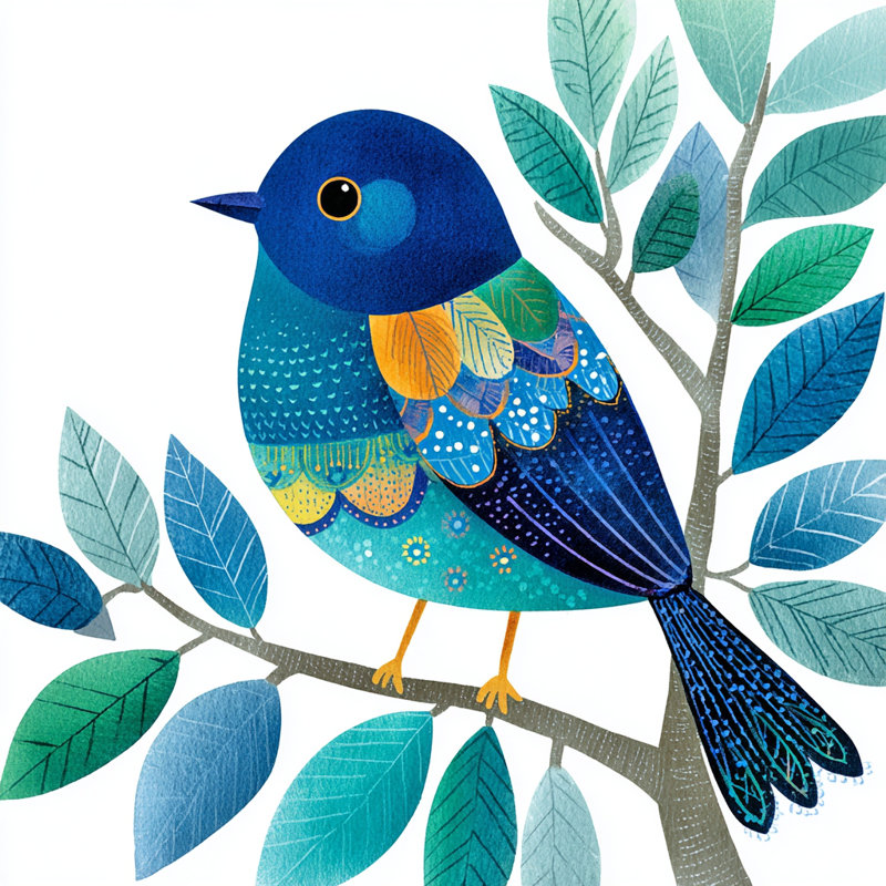 «Songbird Delight», impression d'art oiseau bleu coloré, H 30 po x l 40 po