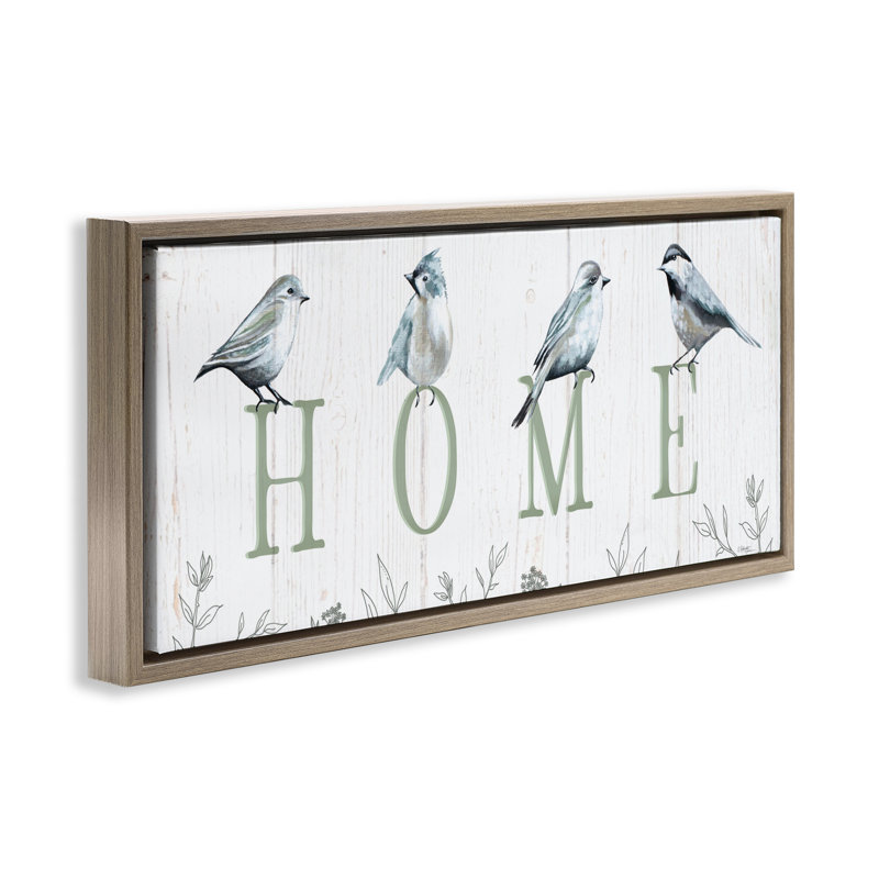 Cadre flottant avec lettres d'oiseaux perchés, conception par Elizabeth Tyndall, H 14 po x l 31 po