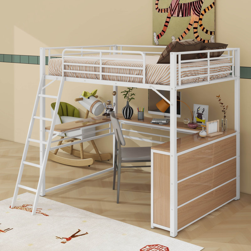 Lit mezzanine double en métal avec tablettes et bureau, Blanc