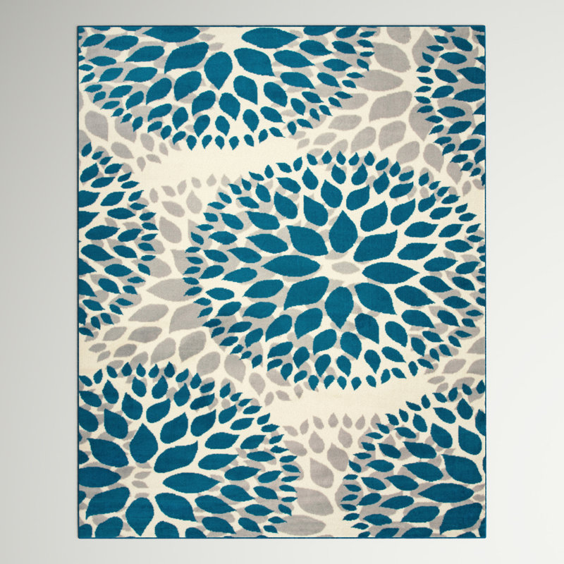 Tapis bleu / ivoire / gris clair à motif floral, Rectangle 6 pi 6 po x 9 pi