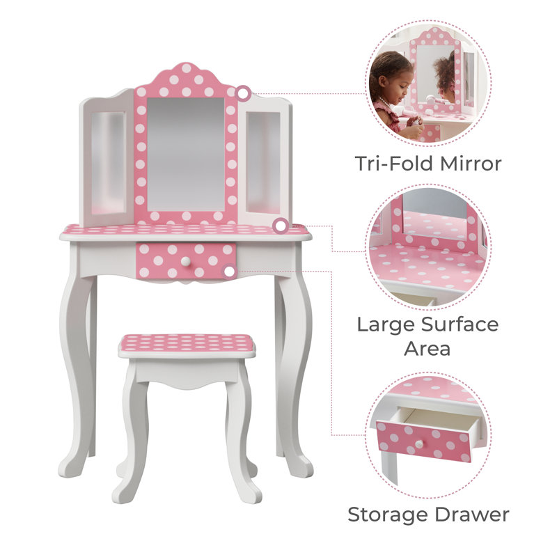 Teamson Kids Gisele Wooden Polka Dot 2-pc. Play Vanity for Accessories, Light Pink/White