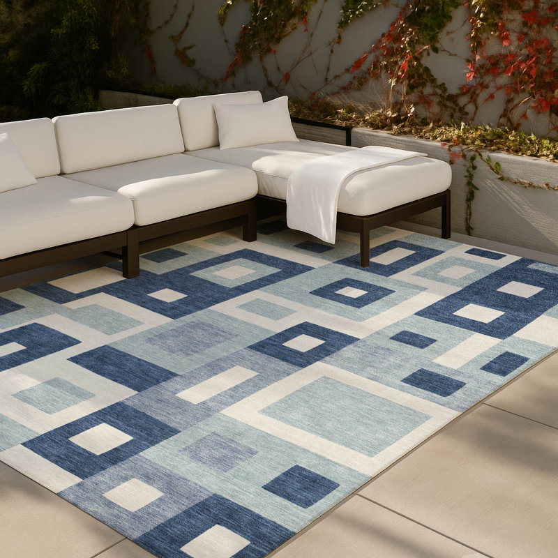 Geometric Indoor / Outdoor Rug, Bleu, 10 pi x 14 pi
