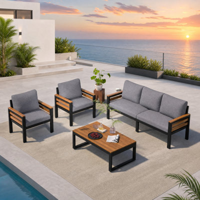 4-Piece Patio Conversation Sofa Set with Acacia Armrests, Removable Cushions, Coffee Table, Gray