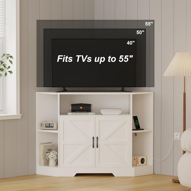 Meuble télé d'angle pour téléviseur de 55 po ou moins, centre de divertissement avec armoires de rangement et portes de grange pour le salon, blanc