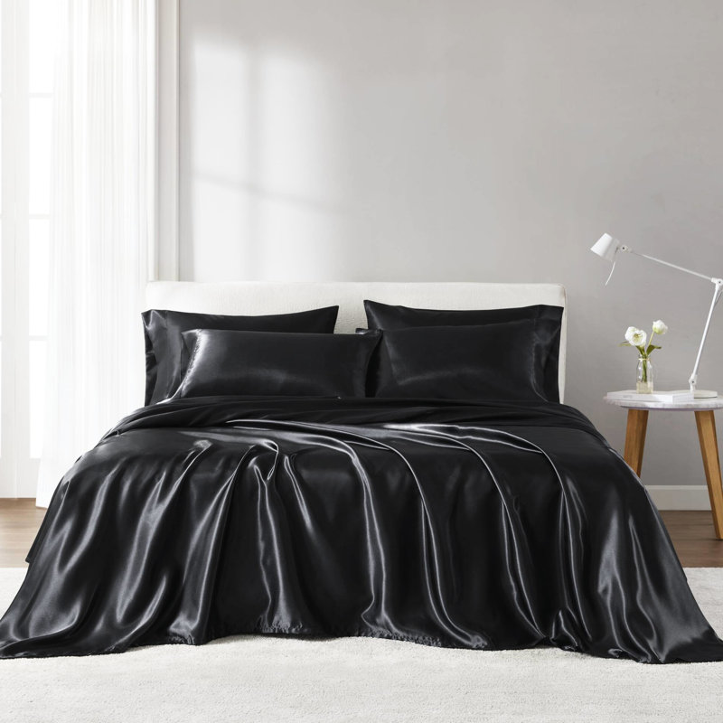 Drap de luxe noir 7 pièces en satin 100% satin, froissé, doux sur les cheveux, 1 plat, 2 ajustés, 4 taies d'oreiller à surface lisse, réduit les frisottis,