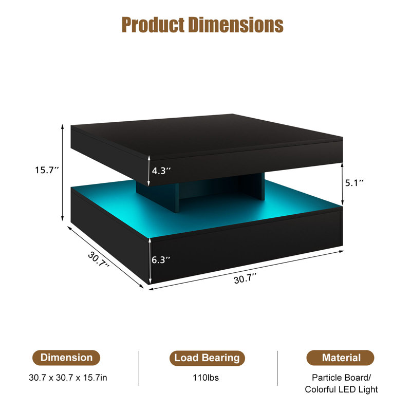 Table basse DEL avec rangement Moderne avec lumières DEL réglables, H 15,7 po x L 30,7 po x l 30,7 po, Noir mat