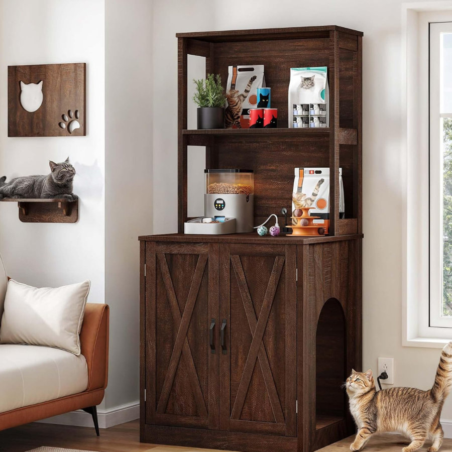 Alida Large Cat Litter Box Enclosure With Shelves And Doors, Hidden Litter Box Furniture