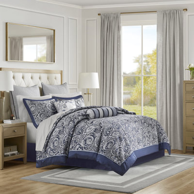 Literie 12 pièces bleu marine, draps en coton doux, édredon à motif cachemire, 2 taies décoratives, coussins décoratifs, jupe de lit bleu marine, 100% magnifique
