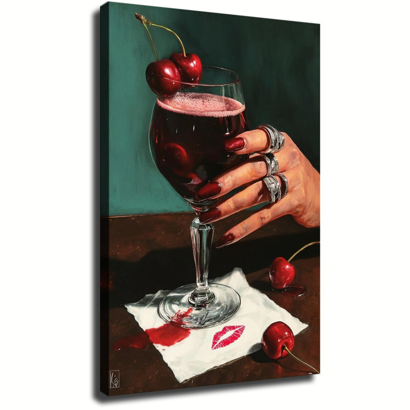 Nature morte mélancolique avec verre de vin, cerise et manucure rouge, impression sur toile tendue grand format, idéale pour le salon ou la chambre.