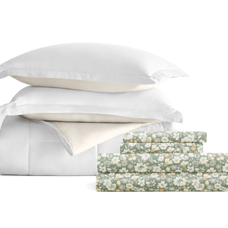 7-Piece Reversible Bedding Bundle - Solid Comforter and Patterned Sheet Set, Queen Comforter + 1 Additional Piece