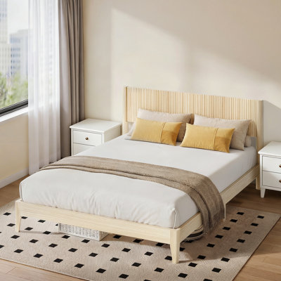 Solid Wood Queen  Bed Frame Platform Bedframe With Headboard Grille Style