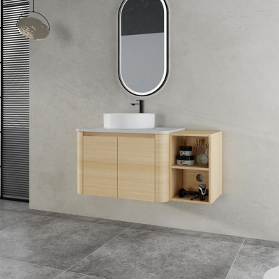 Meuble-lavabo mural avec lavabo d'art en céramique et tablettes de rangement, porte à fermeture en douceur