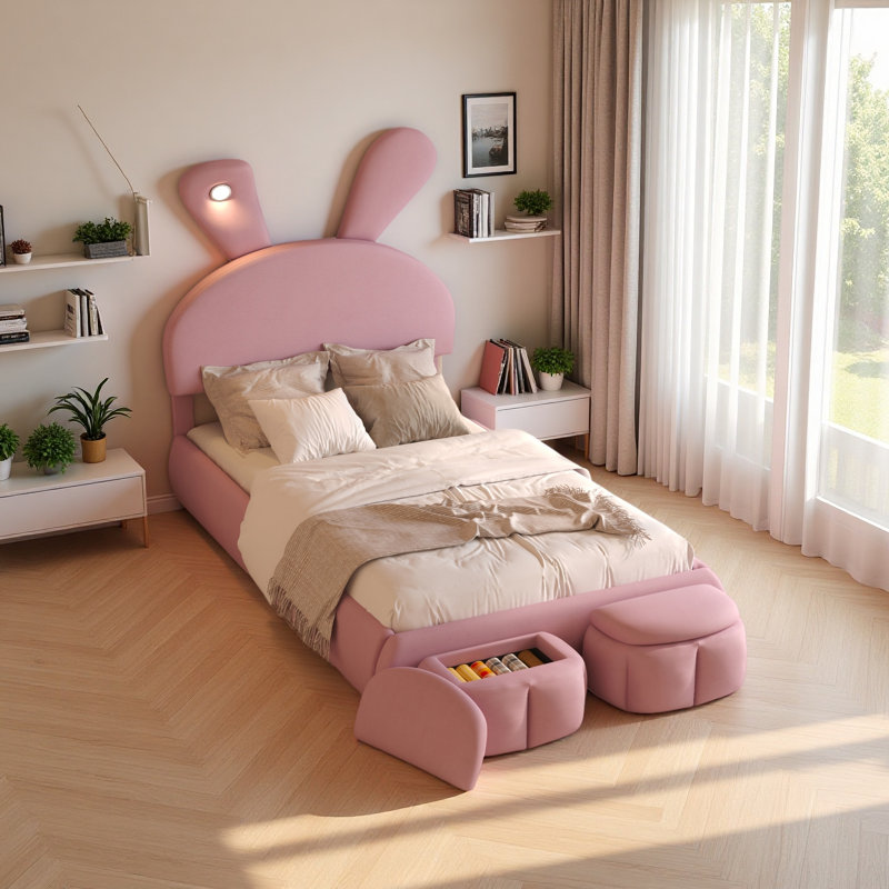 Lit plateforme tapissier simple avec tête et lumière en forme de oreilles de dessin animé