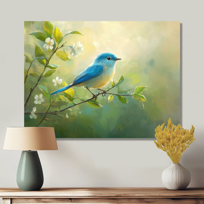Oiseau bleu au début du printemps - Art mural en métal, reproduction d'art moderne