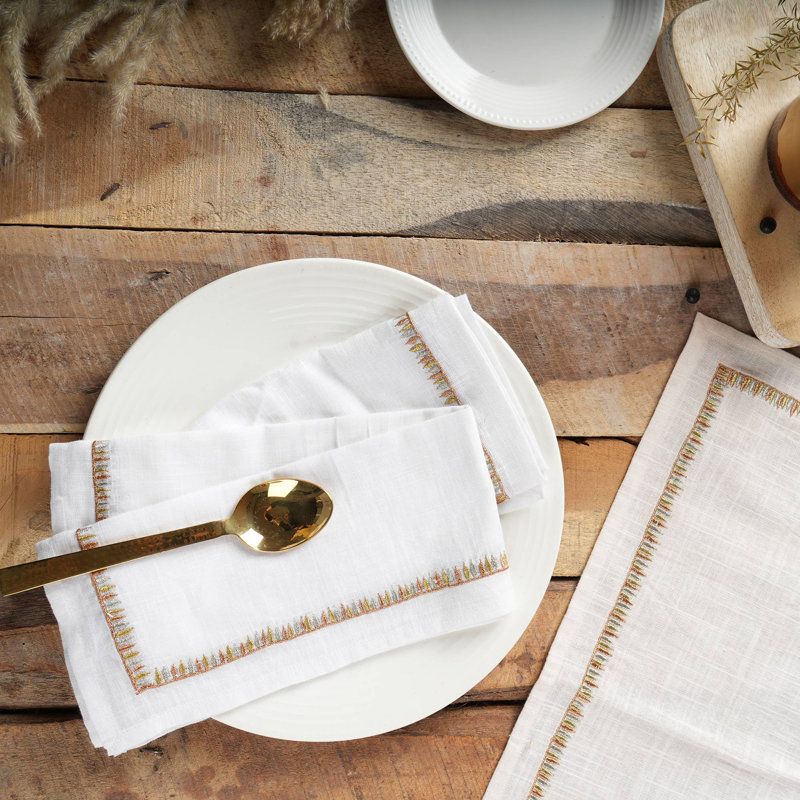 Cotton Napkins | Cultural Charm Embroidered Cotton Napkin - Set of 2, White/Brown, 16"W x 24"L