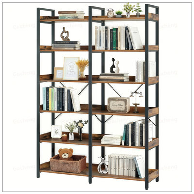 6-Tier Industrial Bookshelf With Open Shelves, Freestanding Metal Frame For Storage And Display, Modern Wooden Bookcase For Home And Office