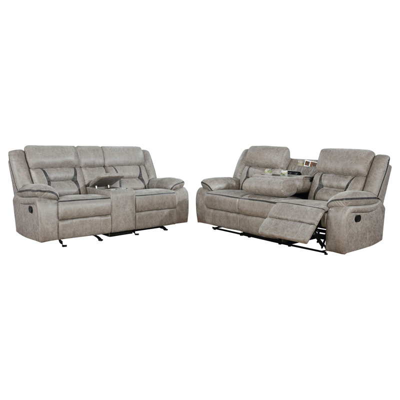 Marquez 2-Piece Faux Leather Manual Reclining Set with Sofa and Glider Loveseat, Taupe, 2 Pieces: Sofa, Loveseat, Beige