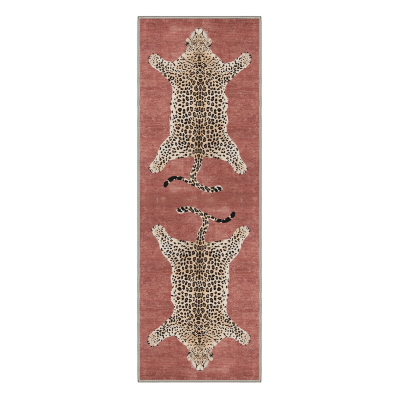 Alinda Lynx Animal Print Machine Washable Red / Brown / Beige Indoor Area Rug with Non-Slip Backing, Runner 2'3" x 6'