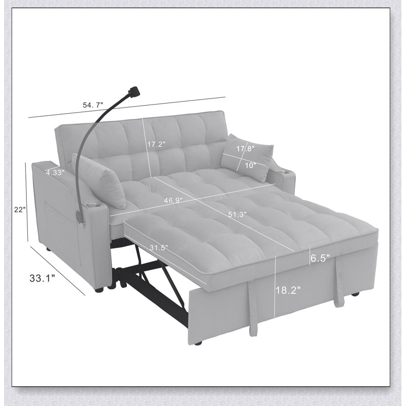 Canapé-lit futon moderne en velours avec lit gigogne, dossier inclinable réglable, coussins décoratifs et poches pour le salon, canapé-lit convertible 3-en-1