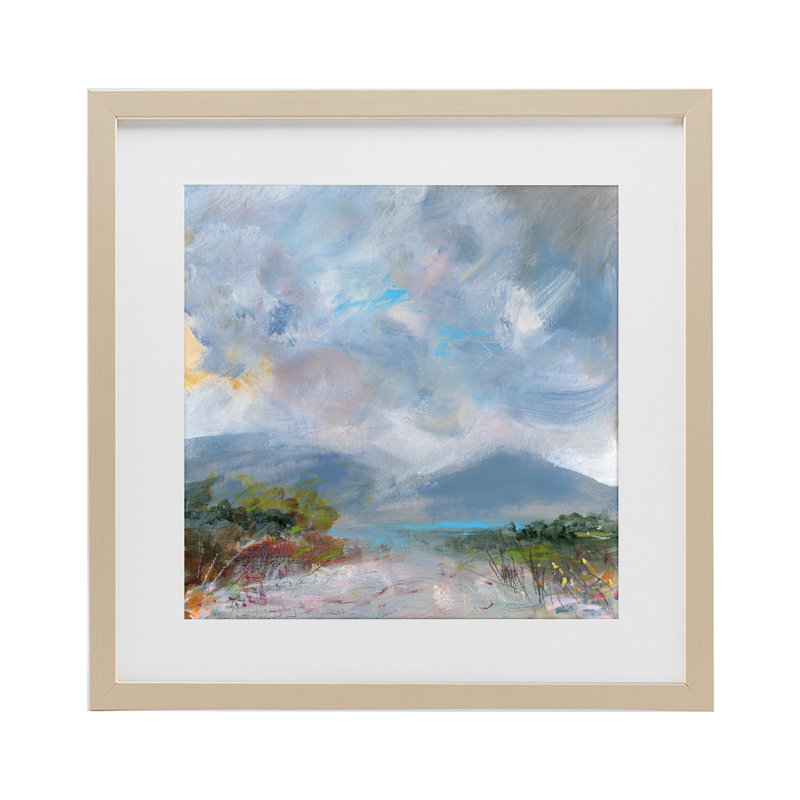 Impression de brume expressive encadrée sous verre, conception par Leslie Birch, H 13 po x l 13 po, Cadre de récolte en pin
