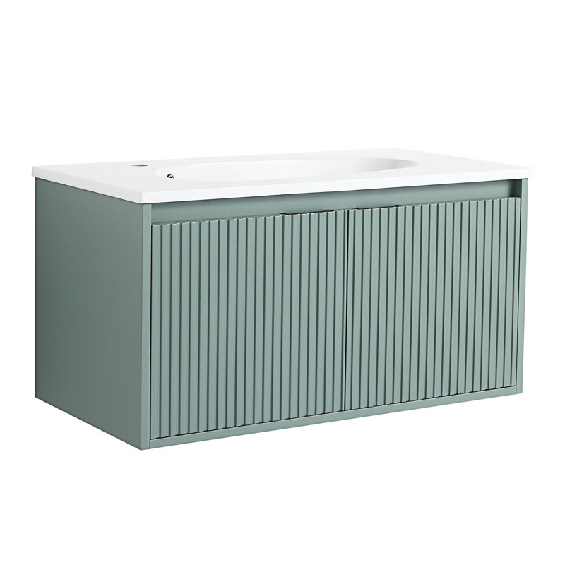 Meuble-lavabo flottant avec lavabo en résine en forme de goutte, meuble-lavabo contemporain avec poignées dissimulées et charnières de porte à fermeture en douceur