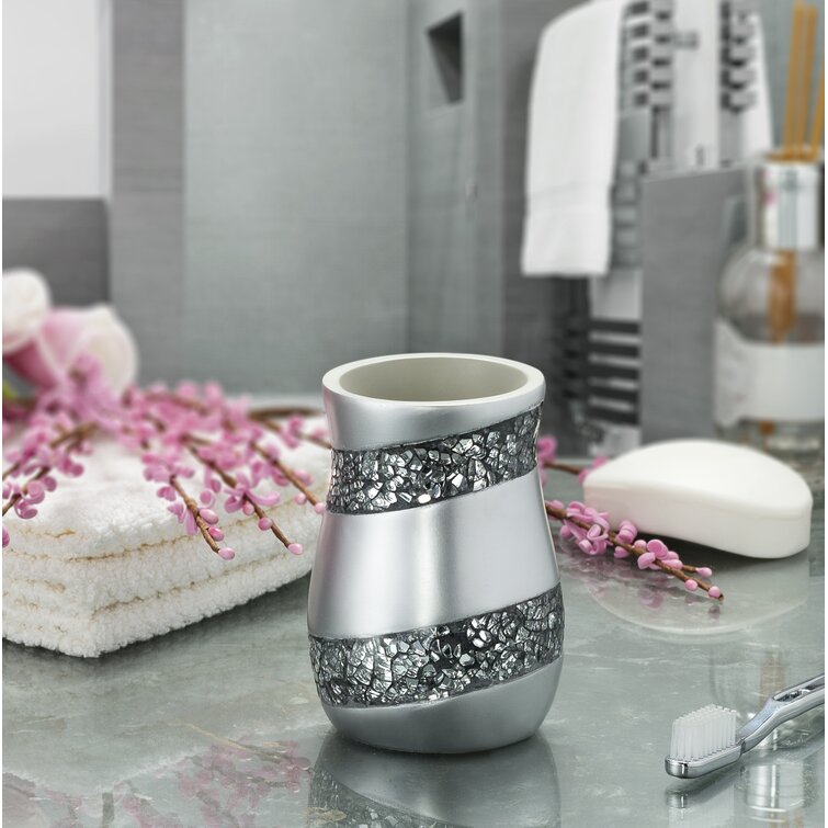 Dwellza Silver Mosaic Bathroom Tumbler Holder (3 inch x 3 inch x 4.5 inch) - Decorative Rinse Cup for Water- Durable Resin Design- Best Tumblers for