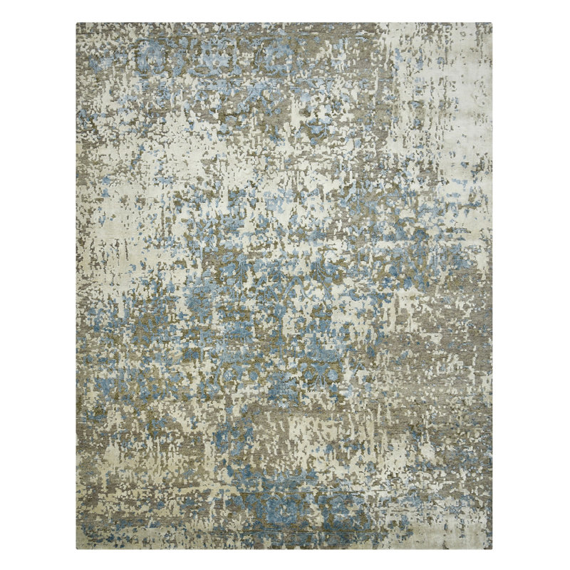 Blue Hand-Knotted Wool and Silk Abstract 8' x 10' Rug