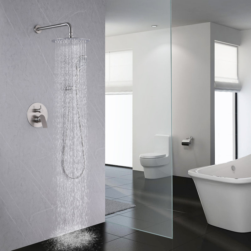  10" Round Complete Shower System with Rough-in Valve and Handheld Shower, Brushed Nickel