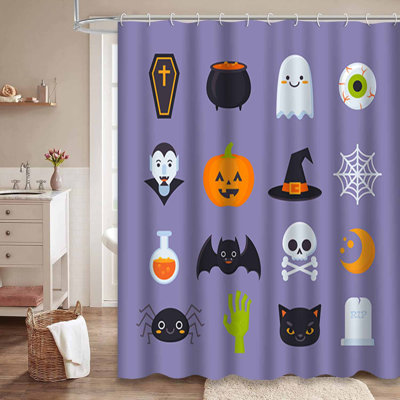 Flat Halloween Creepy Kids Orange Shower Curtain with 12 Hooks