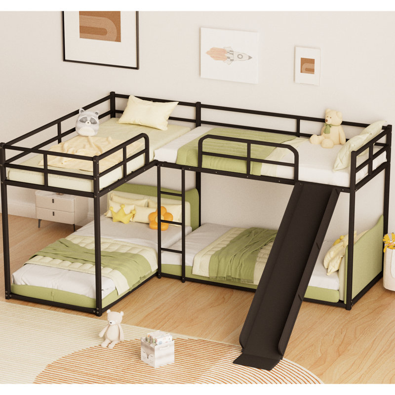 Lit superposé en forme de L en métal noir avec glissière et partie inférieure creuse, facile à installer et peu encombrante Noir, métal, lit, glissoire, assemblage, économie