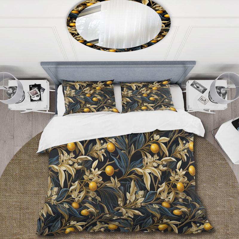 Literie jaune et noir à motif de citronnier, Housse de couette simple + 1 taie décorative stan
