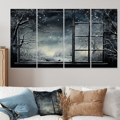 «Midnight Gothic Winter Window View II - Winter Landscape», ensemble de 4 pièces d'art mural