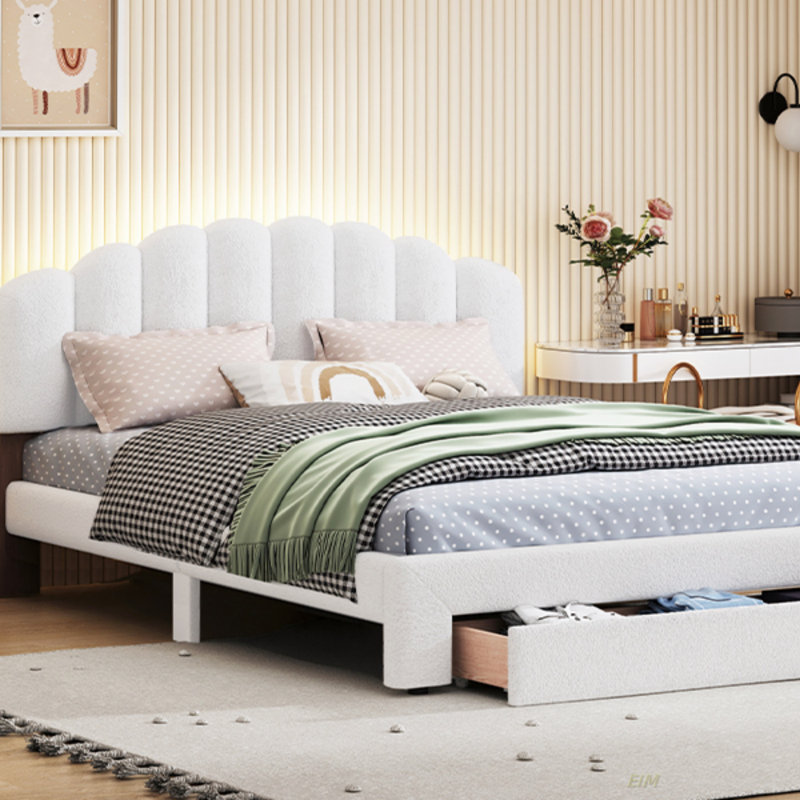 Upholstered Bed Frame With LED Lights, Modern Upholstered Princess Bed With Crown Headboard (Bed), Queen, White