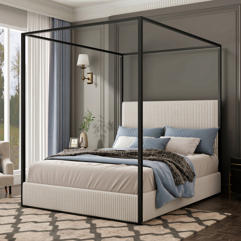 Lit à baldaquin en métal de luxe moderne avec tête de lit tapissier haute en velours côtelé et grand lit à baldaquin, aucun sommier nécessaire