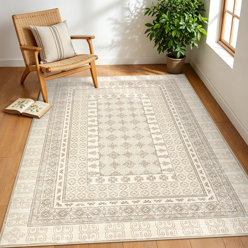 Tapis à bordure géométrique lavable à la machine, Beige, 5 x 7 pi